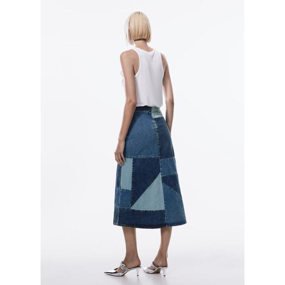 MANGO Patchwork Denim Midi Skirt NWT | Blue Cotton A-Line - Picture 15 of 16